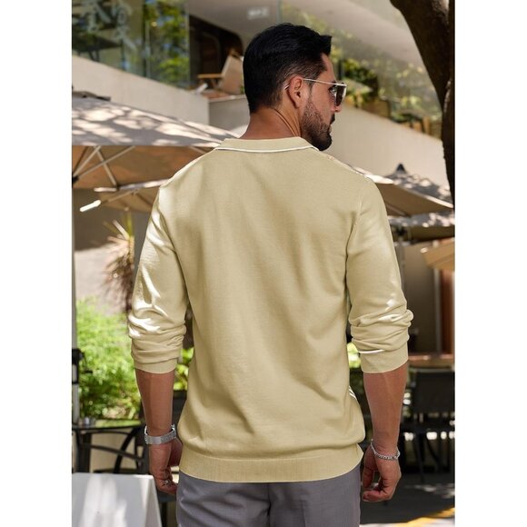 Men's Knit Polo Sweater Long Sleeve Striped Thermal Button Collar Sweater Khaki - Picture 3 of 7